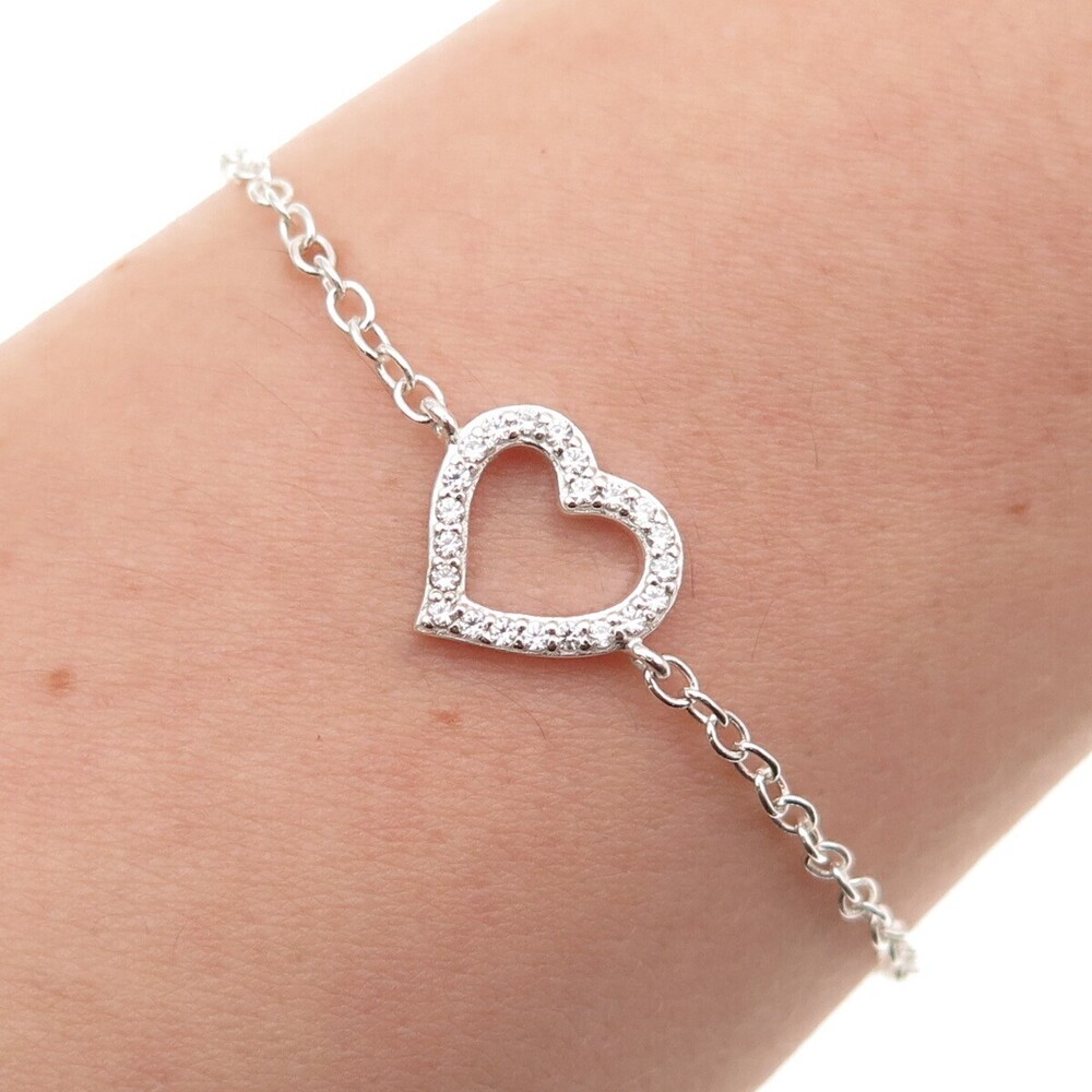 925 Sterling Silver Round-Cut C Z Heart Cable Link Bracelet 8.25"